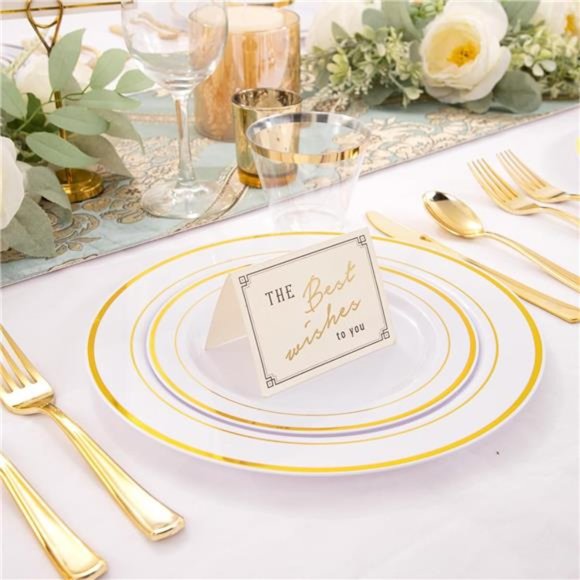 350 Pieces Gold Plastic Plates with Disposable Silverware and Cups - Picture 6 of 7
